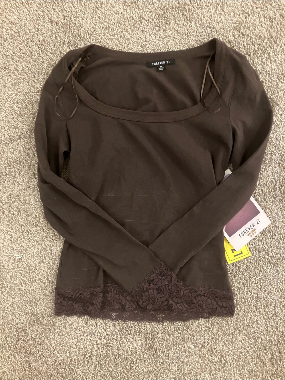 Forever 21 Chocolate Brown Lace-Hem Long Sleeve Top